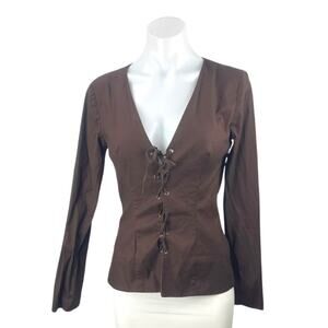 Reformation Caci Women's Brown Lace Up V Neck Long Sleeve Blouse Top Size 4